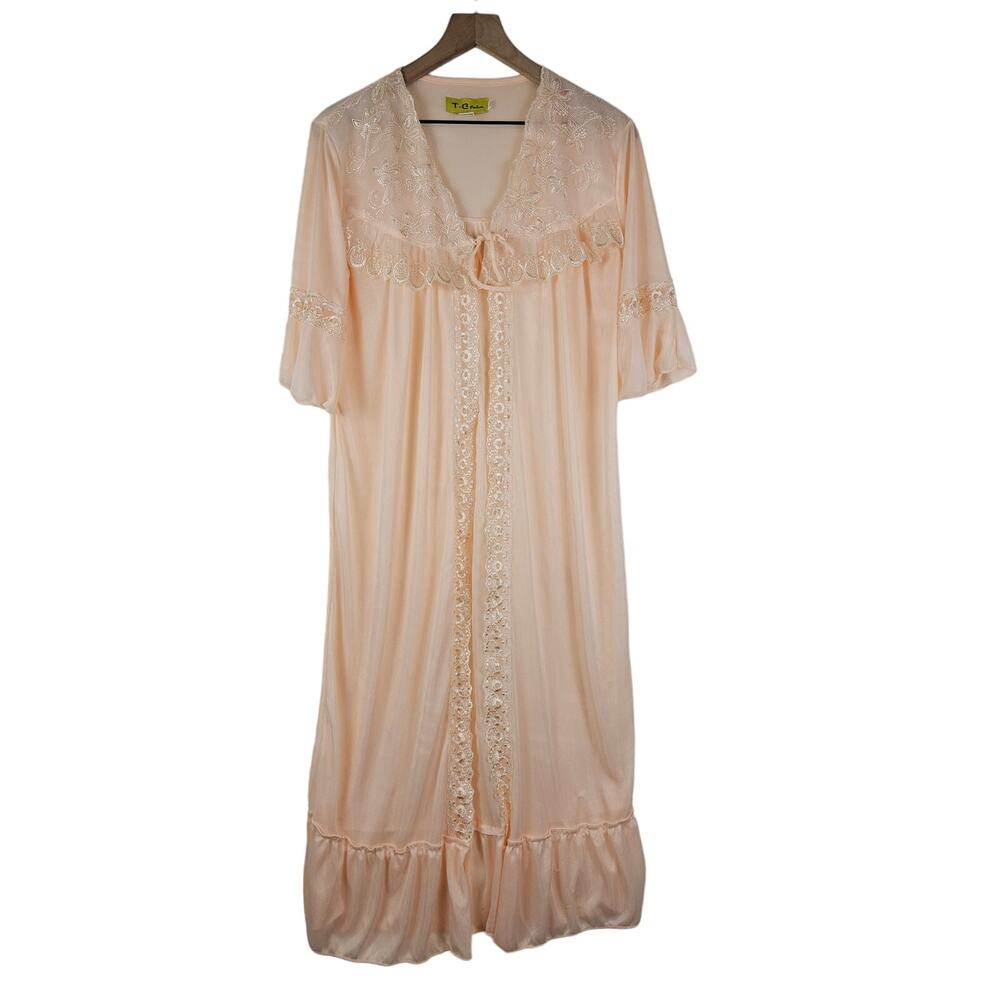 T.C Fashion vintage robe peginoir tie front‎ ruffles, pink orange sherbet XL